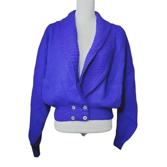 Vintage 90s Liz Claiborne Blue Lambswool Blend Oversize Crop Cardigan L - Picture 1 of 5